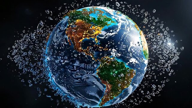 Animated earth globe shattering into glass fragments against a dark starry backdrop.