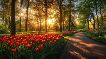 Enchanting spring, pathway through blooming tulip fields at sunrise