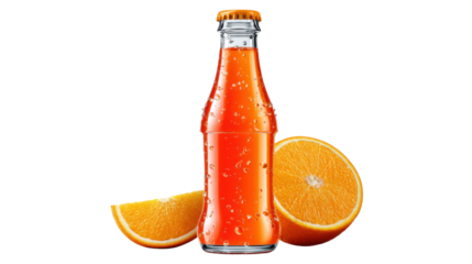 Orange Soda Refreshment: A tall, slender bottle of vibrant orange soda, complete with condensation, is nestled alongside a few juicy orange slices, inviting refreshment.