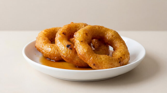 Picarones, a traditional Peruvian dessert made from pumpkin and sweet potato with chancaca honey, delicious food, Peru