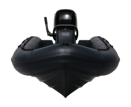 Rigid-hulled inflatable boat with outboard motor for versatile land and water use.