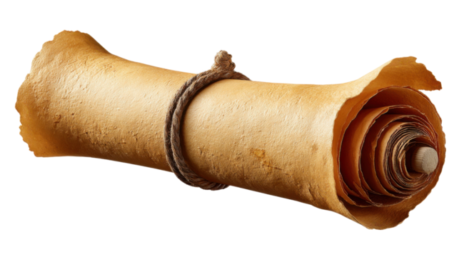 Ancient Papyrus Scroll: An antique papyrus scroll, intricately bound with twine, presents an aura of timeless antiquity, hinting at the potential for discovery of forgotten knowledge and history.