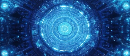 Futuristic technological tunnel with blue neon lights and circuits design