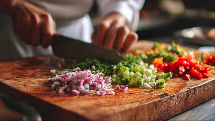 Chef preparing delicious fresh salsa with knife on wood board