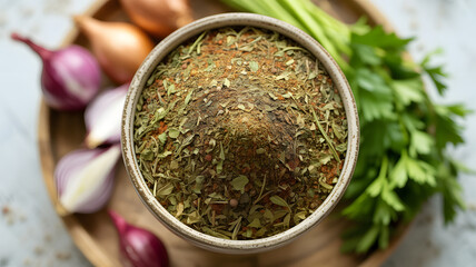 Overhead view of a bowl filled with mixed dried herb seasoning blend surrounded by fresh shallots and celery on a wooden tray