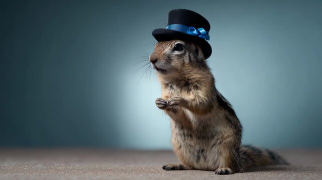 Cute chipmunk with top hat, studio shot, charming rodent, wildlife photography