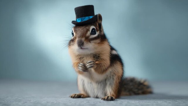 Cute chipmunk portrait with a tiny black top hat and blue ribbon