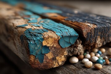 Peeling turquoise paint on weathered wooden plank revealing dark grain for rustic design background renovation concept branding use

