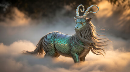 Mystical Goat-Headed Beast with Iridescent Scales in Glowing Mist Celebrating Chinese New Year Fantasy and Wonder