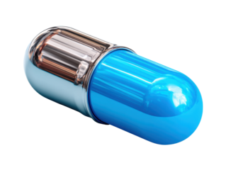 Blue Medicine Capsule: A close-up shot of a single blue capsule medicine, the epitome of modern healthcare, sits against a plain background, the sleek design reflecting scientific precision.