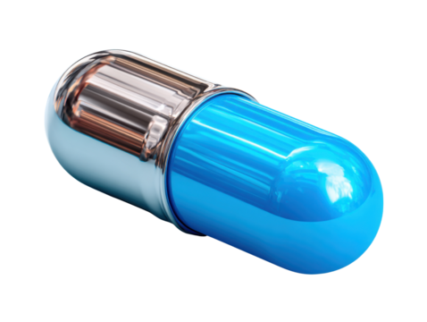 Blue Medicine Capsule: A close-up shot of a single blue capsule medicine, the epitome of modern healthcare, sits against a plain background, the sleek design reflecting scientific precision.