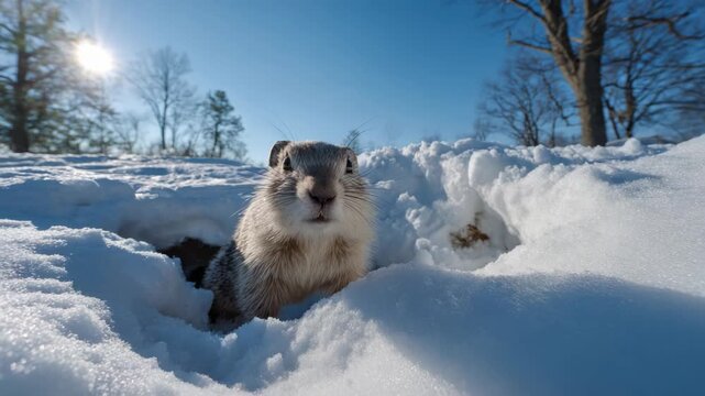 Cute gopher peeks out from snowy burrow on sunny winter day