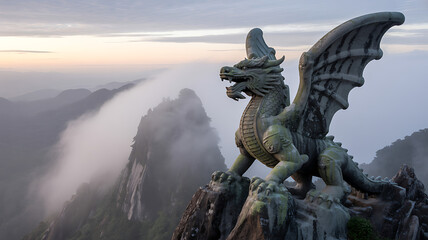 Aggressive Dragon Statue on Misty Mountain Peak Celebrating Chinese New Year Myth and Majesty