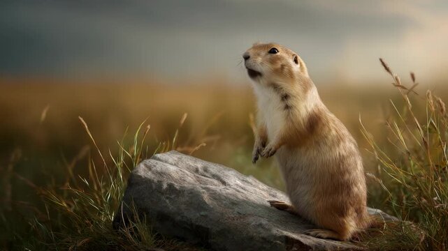 Alert prairie dog standing on a rock in golden grassland environment