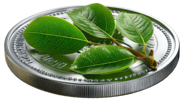 Green Leaves on a Coin: A close-up shot of a pristine silver coin, upon which delicate green leaves rest, representing the intertwined beauty of nature and finance.