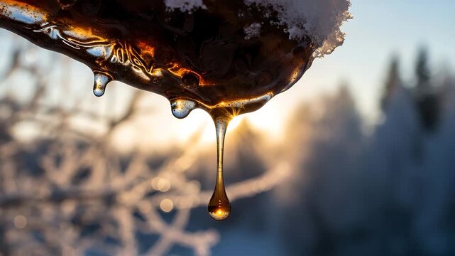 Close up of a maple syrup drop from a tree branch with sunlight in the background.