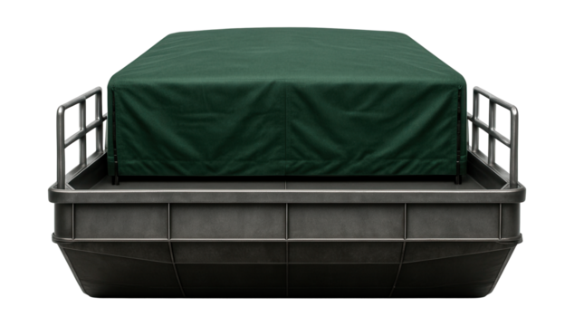 Enclosed landing barge featuring a canvas cover and side railings.