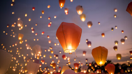 Twilight Sky Filled with Floating Lanterns Celebrating Chinese New Year Hope and Unity