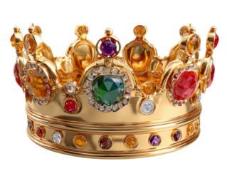 Majestic Crown of Regal Splendor: A resplendent crown, fashioned from gleaming gold and adorned with an array of shimmering gemstones, rests in stately grandeur. The piece emanates a sense of royalty.