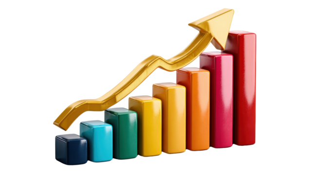 Business Growth visualized: A vibrant business bar graph shows positive growth, with a golden arrow pointing upwards, symbolizing financial success and upward trajectory.