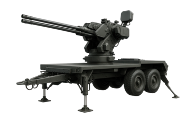 Mobile anti-aircraft weapon mounted on a flatbed trailer with stabilizing supports.