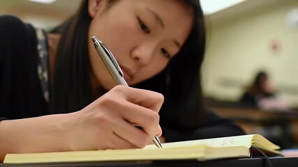 Lecture focused a female in university hall girl student woman person notes asian writing representing authentic visual style and cinematic detail. - Powered by Adobe