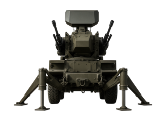 Mobile anti-aircraft system on a trailer with hydraulic stabilizers and radar.