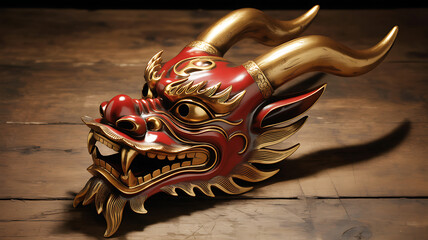 Ornate Red and Gold Dragon Mask on Wood Celebrating Chinese New Year Power and Tradition