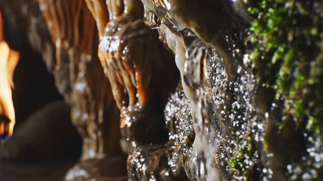 Close-up of water dripping over natural cave formations with moss, illuminated by a warm light