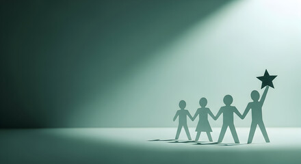 Inspiring paper cutout figures standing together in the spotlight, one holding a star, conveying teamwork, success, and shared achievement now.