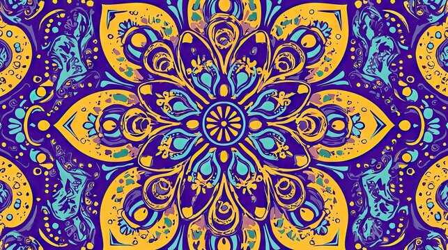 A vibrant and detailed mandala pattern featuring intricate floral and geometric elements in bold yellow, blue, and purple hues.