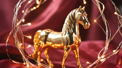 Golden Horse Figurine on Red Fabric with String Lights Celebrating Chinese New Year Elegance