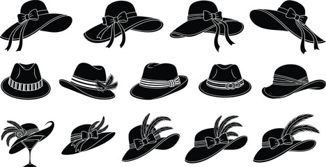 Set of black silhouette women's fashionable vintage hats, including wide-brimmed floppy hats, cloche hats, and fedoras with ribbons and feathers, isolated vector illustration collection.