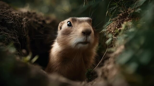 Cute prairie dog peeking out from its burrow in the wild nature