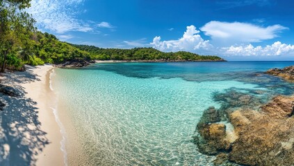 Serene tropical beach with crystal clear waters and lush vegetation