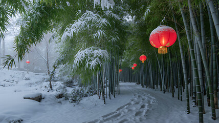 Snowy Bamboo Forest Path with Hanging Red Lanterns Celebrating Chinese New Year Serenity