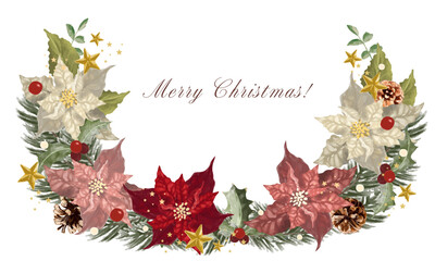 ポインセチアとモミの葉のクリスマスのオシャレなフレーム