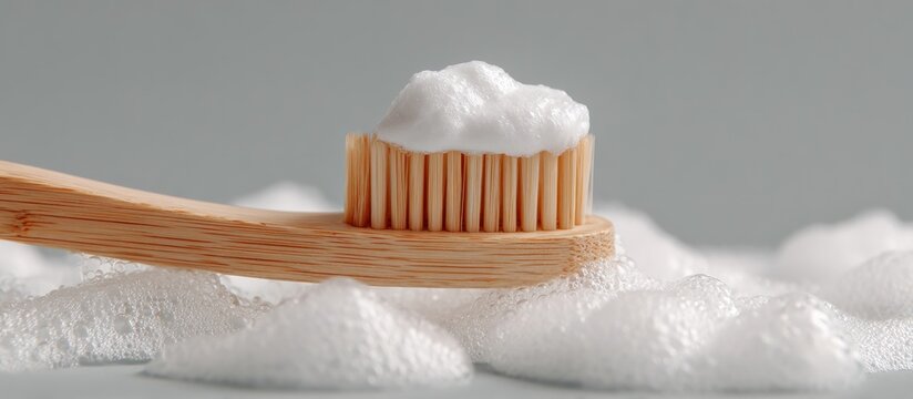 A wooden toothbrush with foamy toothpaste on a bed of suds against a soft gray backdrop