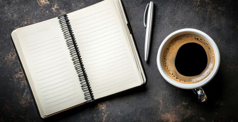 Morning Inspiration, Coffee, Notebook, and Pen for Creative Writing