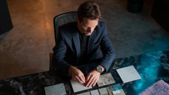 Interior designer choosing tile samples for renovation project at desk