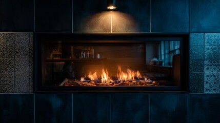 Modern fireplace with black frame and glass cover, glowing flames in the center, set against dark tiles. Creating a cozy and warm atmosphere perfect for relaxation and comfort in a contemporary home.
