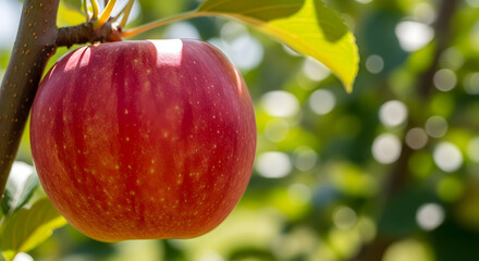 Capture the essence of autumn's bounty with this vibrant close-up of a ripe apple on the tree, perfect for conveying freshness and natural goodness now.