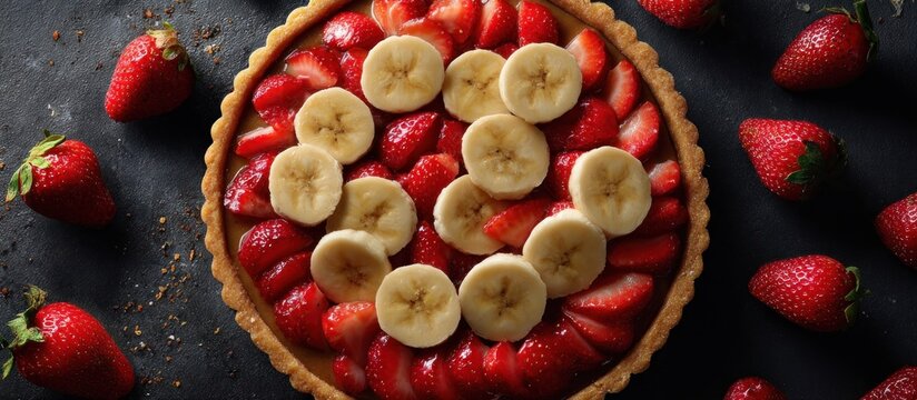 Overhead shot of a fruit tart with strawberries and banana slices on a dark surface