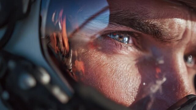 The Pilot's Gaze: An intense portrait captures the focused gaze of a pilot, the reflective visor mirroring a fiery landscape, symbolizing courage, dedication, and the thrill of flight.