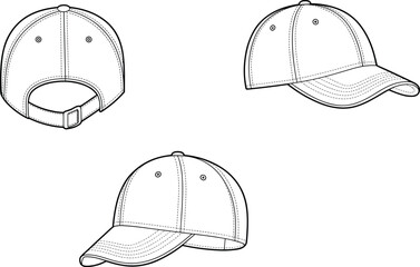 Baseball cap technical sketch, back and angled front views, adjustable strap, curved brim, cad drawing flat vector illustration template