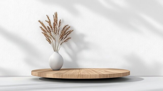 A minimalist scene featuring a round wooden display podium with a white vase holding dried grass, set against a textured white wall with soft, dappled light cas