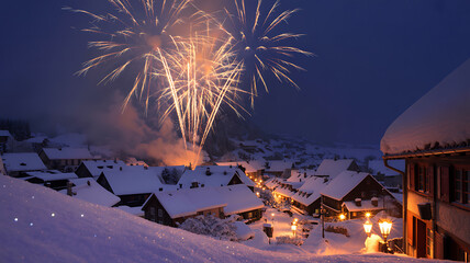 Snowy Village with Fireworks Lighting the Night Sky for Chinese New Year Celebration