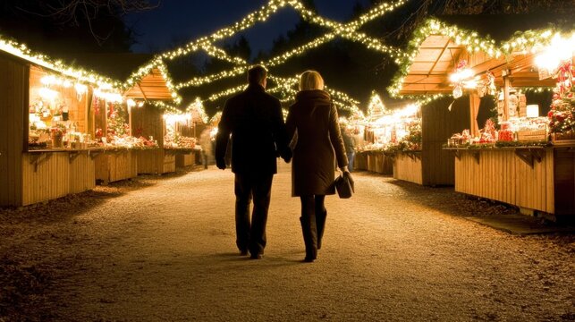 Romantic evening stroll for a couple at a festive market, illuminated by warm string lights