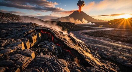 Dramatic volcano erupting at sunset with flowing lava creating an awe-inspiring landscape, perfect for travel and adventure promotions