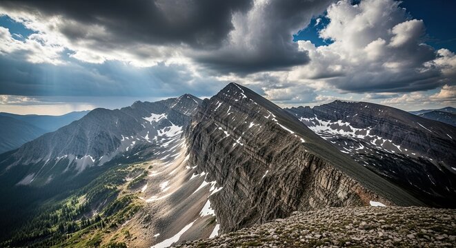 Dramatic mountain peaks under a stormy sky, sunlight breaking through clouds, perfect for adventure travel or outdoor tourism campaigns, inspiring wanderlust and exploration